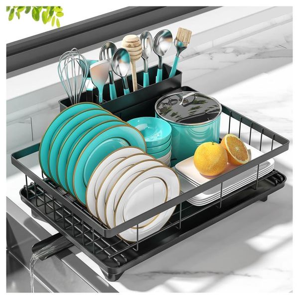 Dish Drying Rack Space-Saving Dish Racks for Kitchen Counter with Drainboard, Rustproof Drying Rack Kitchen with Large Utensil Holder