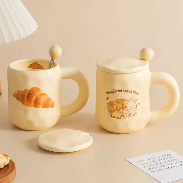 1 piece of 480ml ceramic cup with spoon and lid cute ceramic coffee and milk cup kitchen utensils girl microwave office cup gift Y240102