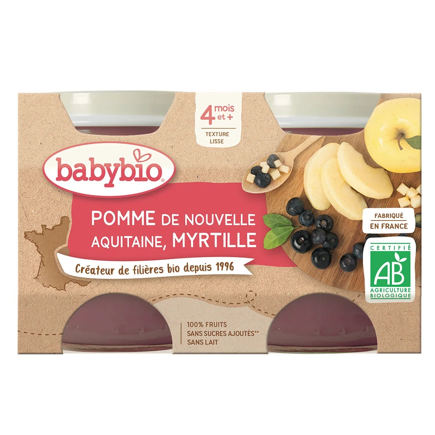 Babybio Słoiki Owocowe - 4 miesiące i więcej - Jabłko, Borówka - ORGANICZNE 2x130 g