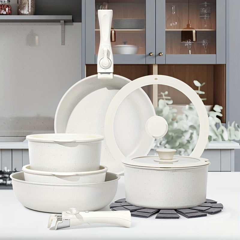 TEMU White 15pcs Pot And Pan Set , Kitchen Cookware Set With Removable Handle, And Free.