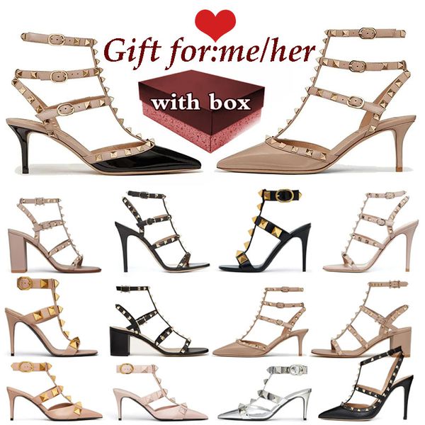 Designer High Heel Sandal Dress Shoes Valentine&#039;s Day Ankle Strap Black Nude Strip Point Toe Rivets Womens Party Wedding Stiletto Block