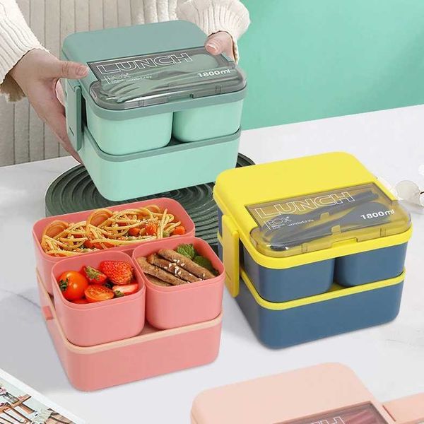 1100ML-1800ML 2 layer Compartment Lunch Box For Kids With Fork and Spoon Microwave Bento Boxes Portable Food Storage Container Y240919