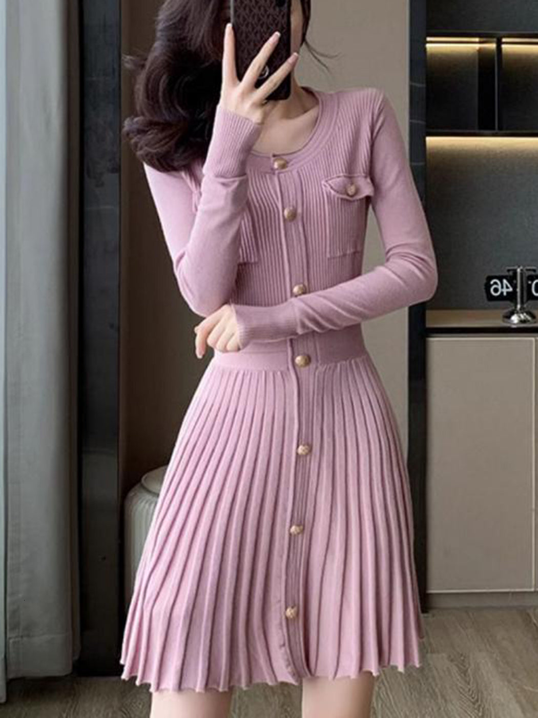 2024 New Pink O-Neck Knit Autumn Metal Button Long Sleeve Fashion Short Dress A-E Pleat Elegant Chic Women Dresses