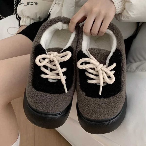 Casual Shoes Sports Wind Patchwork Colour Outer Wear Non-slip Warm Lambs Wool Cotton Shoes Casual Tied Board Shoes Women Winter Soft Cute H2