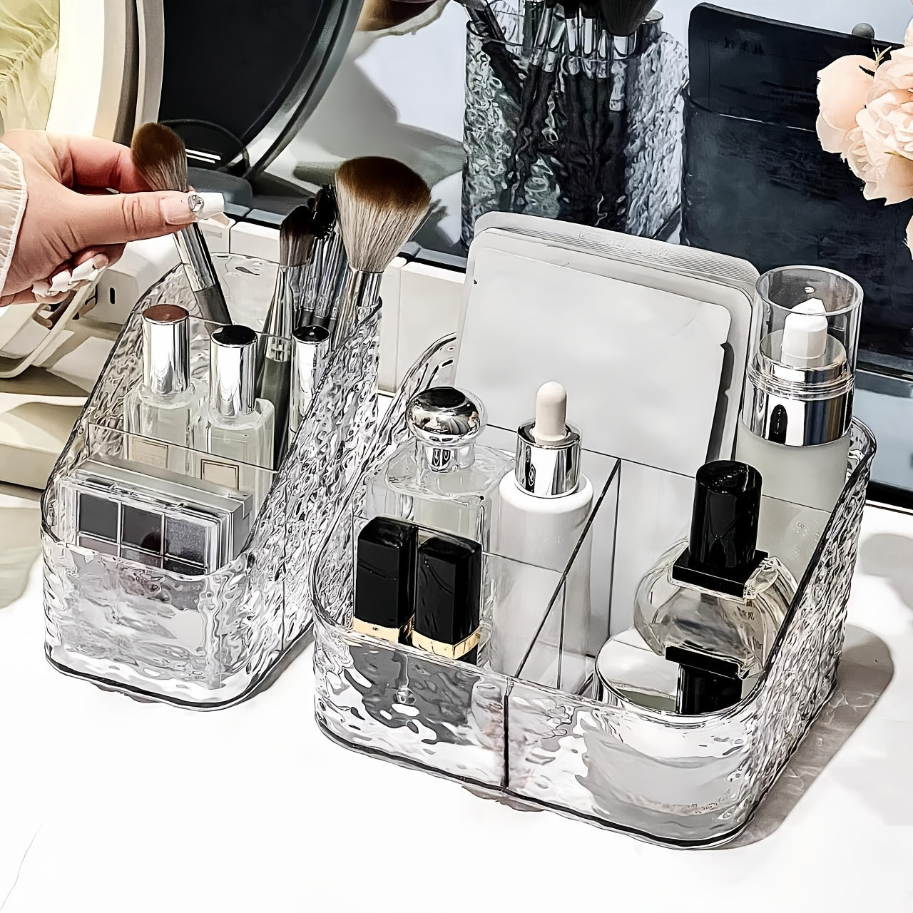 TEMU 2-pack Transparent Cosmetic Organizer Boxes, Plastic Makeup Storage For Vanity Desk, Ice Pattern Holder For Lipstick, Skincare, Makeup Brushes,