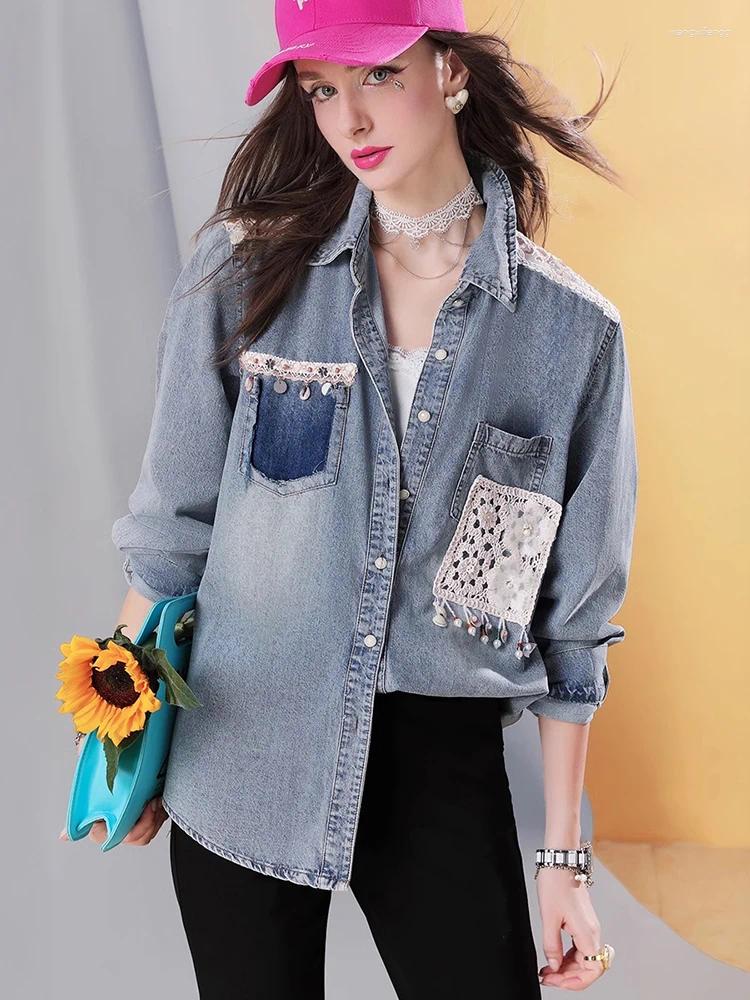 Women&#039;s Blouses Mid-Length Denim Shirt Lace Patchwork Button-Up Blouse Vintage Long Sleeve Casual Loose Jean Jacket Top