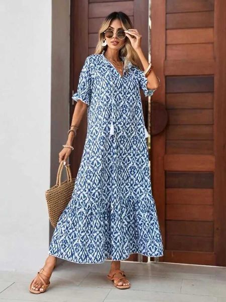 Womens Summer Chiffon V Neck Short Sve Floral Flowy A Line Maxi Dress Boho Flounce Tiered Swing Long Beach DressesXJ241218