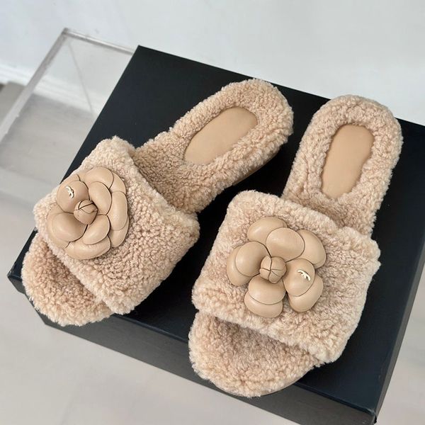 Womens Camellia Flowers Chunky Heel 4cm Sandals Slip On Slippers Lamb Wool Slides Classic Wood Rubber Sole Outdoor Leisure Shoe Vintage Pink