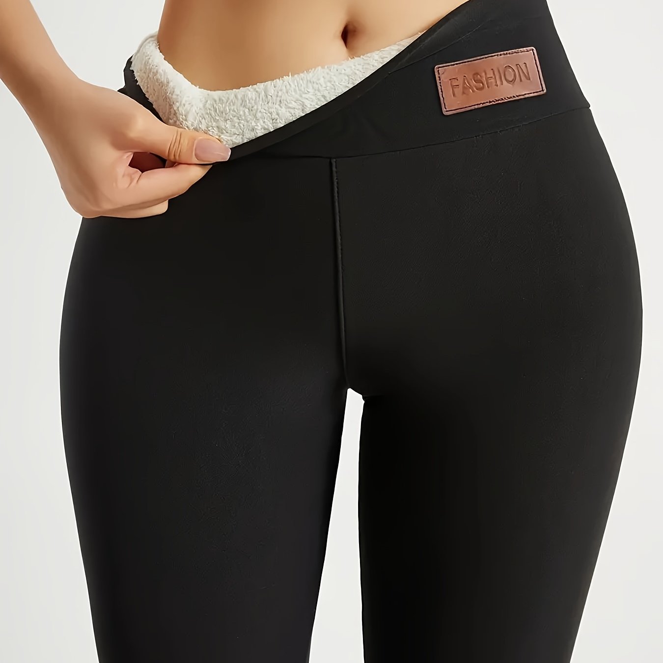 TEMU Leggings de invierno de cintura para mujer con etiqueta bordada "FASHION" - Cómodos y cálidos, de color negro sólido, ideales para otoño e