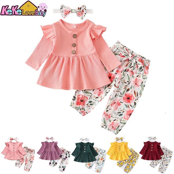born Baby Girl Clothes Set Solid Knitting Long Sleeve Tops Floral Print Pants Headband 3Pcs Outfits Casual Infant Clothing 240518