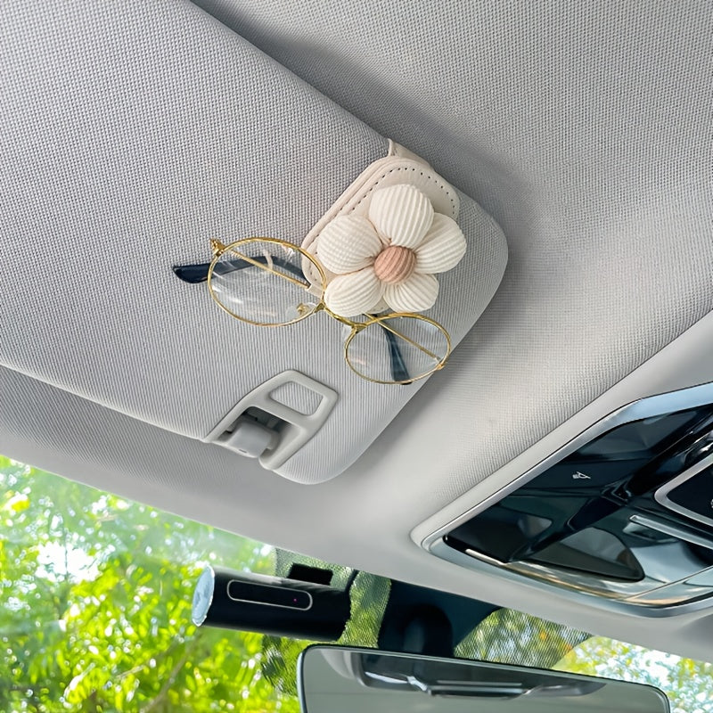 TEMU Floral Car Visor Clip - Stylish Multi-functional Card Holder & Storage Organizer For Women, , Beige , Eyeglasses & Car Accessories, Car Visor