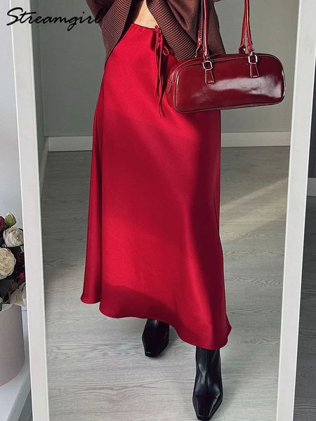 Long Black Satin Skirts For Women 2024 Autumn Winter Maxi Brown Burgundy Skirts Ladies Green Lace Up Women Satin Silk Skirt 241204