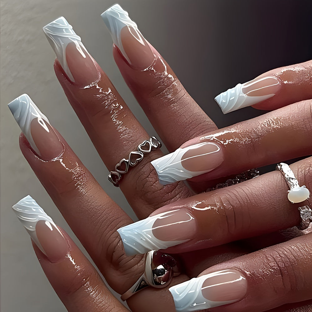 TEMU 24pcs Glossy Medium Press On Nails Pattern White Stereoscopic Fake Nails Manicure False Nails For Women And, Press On Nails For Women High
