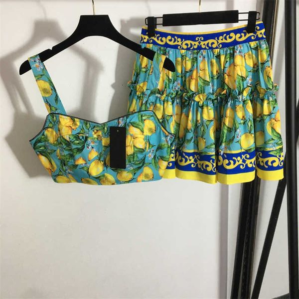 skirt set designer dress sets for women outfits fashion two piece suit summer lemon print strapless camisole and high-waisted short skirts s