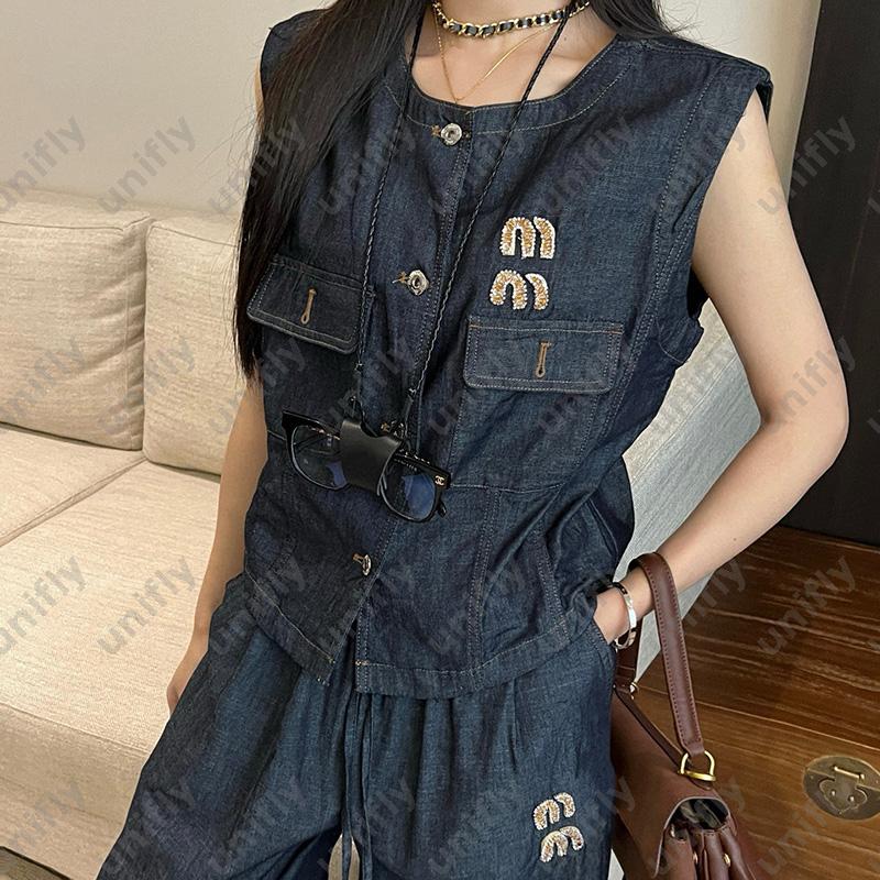 Nail Bead Letter Denim Set Tanks Top Womens Designer Jeans 2pcs Lady Dress Luxury Skirts -15 Woman Vest Jacket Pants Two Piece Sets DPD2507291