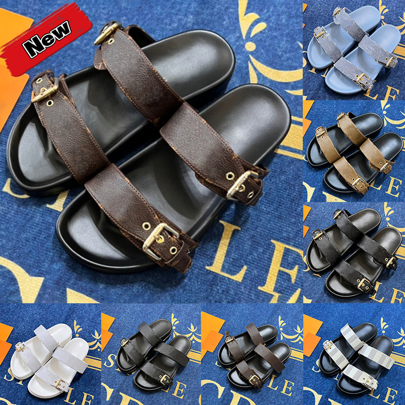 Womens Sandals Designer Slippers Bom Dia Double buckle Flat Comfort Slides Sandals Fashion Luxury Black Embossed Leather Blue Denim Brown Chessboard