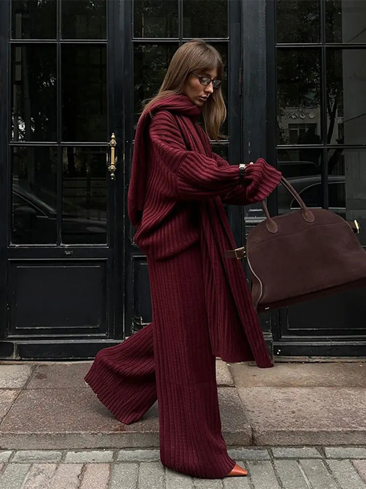 Elegant Burgundy Color Womens Loose Wide Leg Pants Set Chic Scarf Collar Vneck Knitted Sweater Suits Lady Street Knitwear 2024 241223