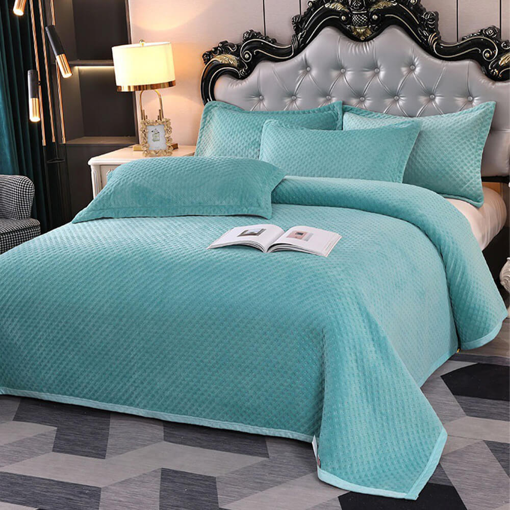 Waffle Milk Fleece Warm Quilted Bedspread Set, Green - Pillowcase（2Pcs）