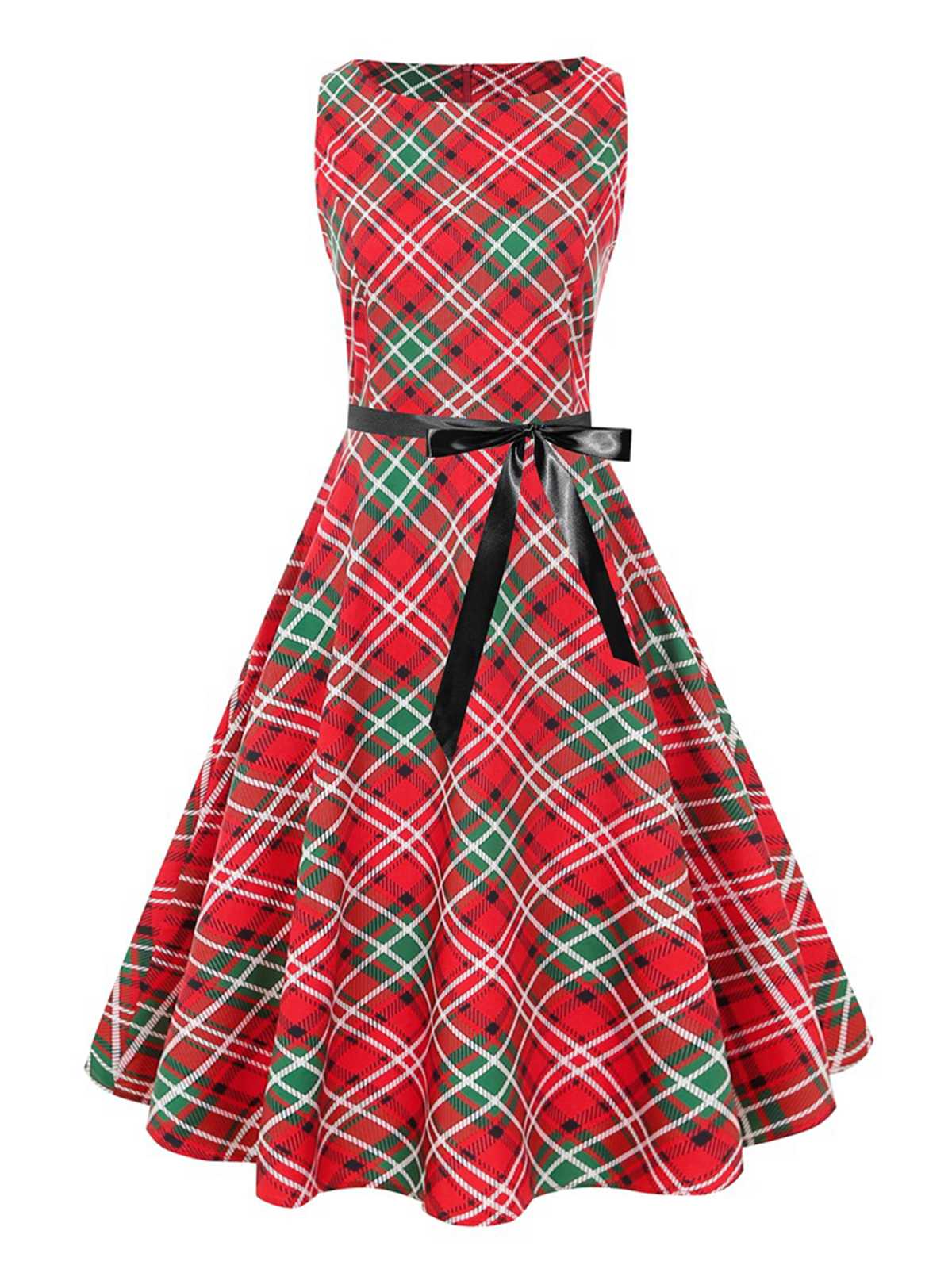 Christmas Plaid Sleeveless Swing Dress Red,S