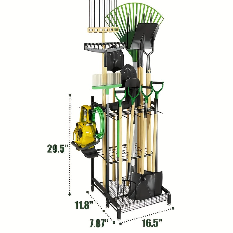 TEMU Garden Tool Organizer With Wheels, Yard Rack For Garage Organization And Storage, Long-handled Tools-rakes-brooms, Heavy Duty Steel Garden Tool