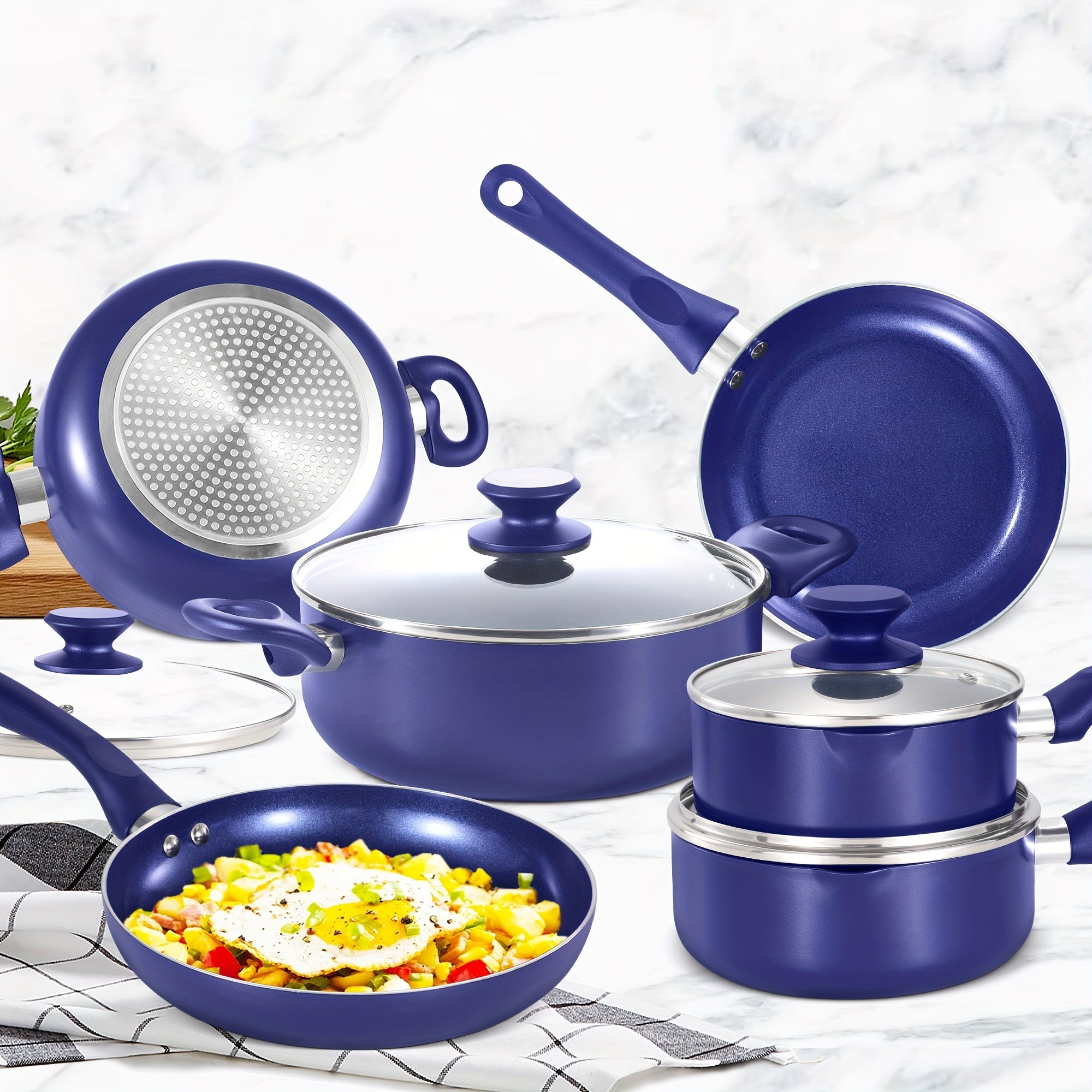 TEMU 10pcs Nonstick Cookware Set - Diamond Blue Aluminum Pots & Pans With Lids, Induction & Gas Stove Compatible, Oven Safe, Easy Clean, , Kitchen