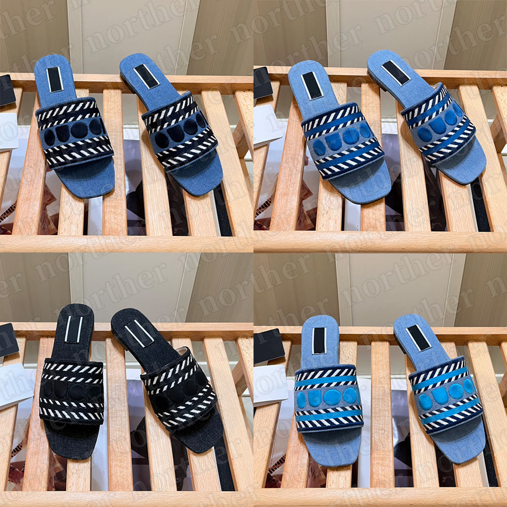 Designer womens sandals script logo denim slides sandal canvas mules fashion ladies summer beach flat heel slipper luxury womens sandals outdoor wom