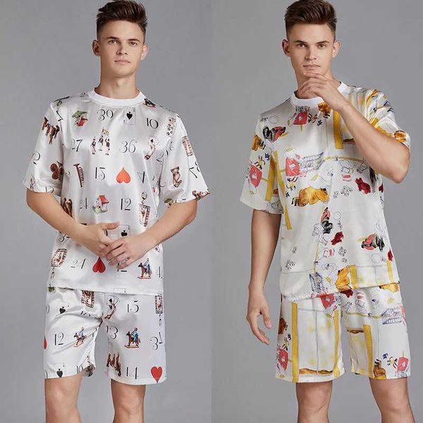 Men&#039;s Robes Summer Men Pyjama Set Print Satin Men Pajama Suit Short Sleeve Shorts Silk Pajama Man Sleepwear Spring Pajama Male Nightgow