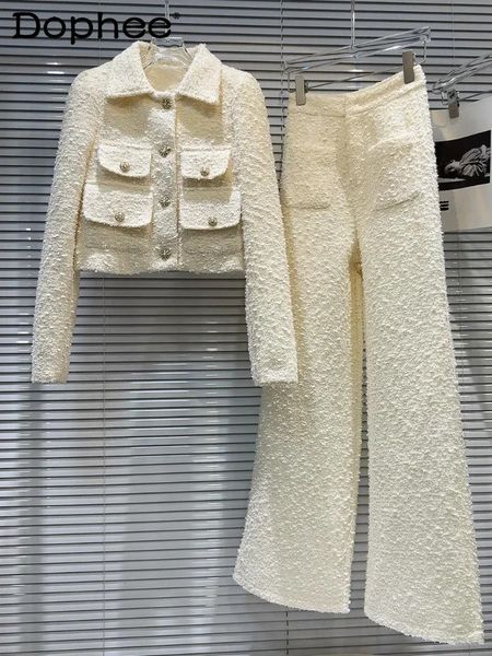 Elegantes calças retas definidas Office Ladies Autumn Tweed Pocket Casque Short calça Duas peças descendentes 241202 B4