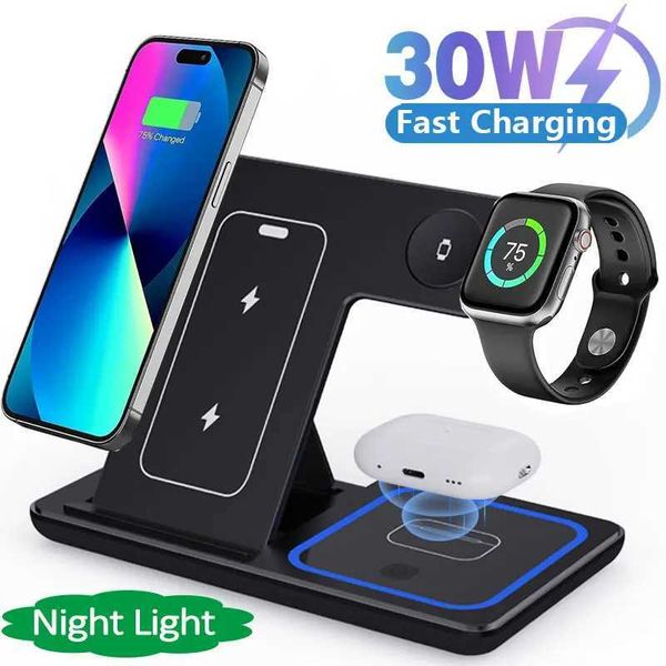 30W LED fast wireless charger stand 3-in-1 folding charging station suitable for iPhone 15 14 12 11 Watch 9 8 7 6 5 AirPods Pro Y241118