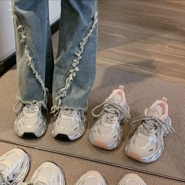 Sports for women, spring 2024 new pink running versatile height increasing thick soled dad shoes