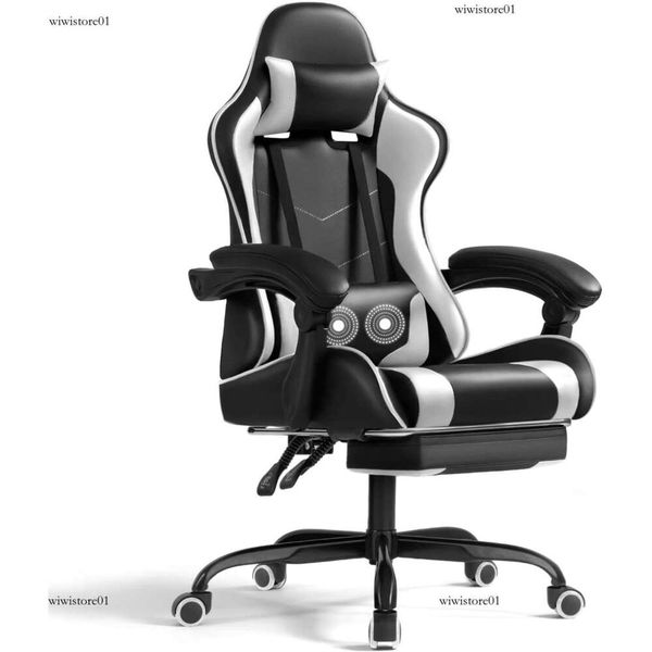 Gaming Chair With Footrest And Massage Lumbar Support, Video Game Chairs 360°Swivel And Height Adjustable Seat With Headrest 94A