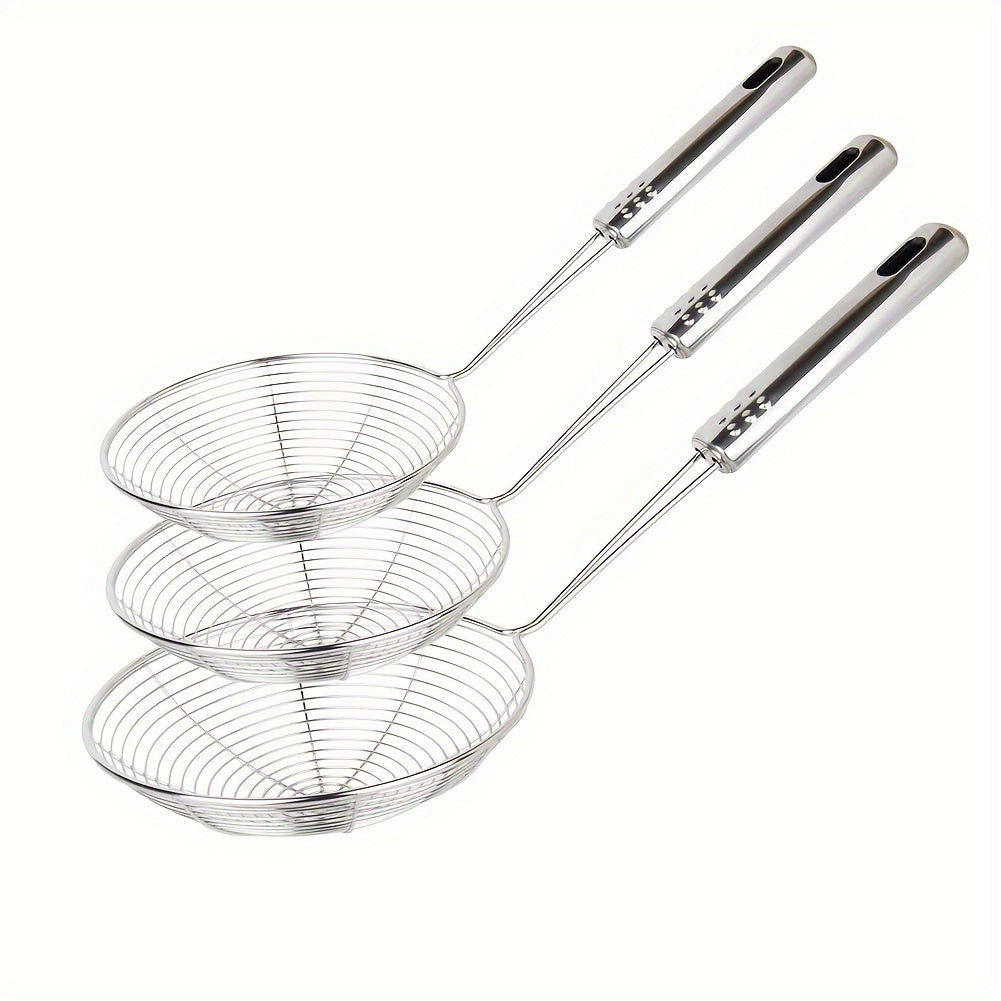 TEMU 3pcs- Strainer Set Of Strainer Ladle Stainless Steel Wire Skimmer Spoon With Handle For Kitchen Frying Food, Pasta, Spaghetti, Noodle-30.5cm,