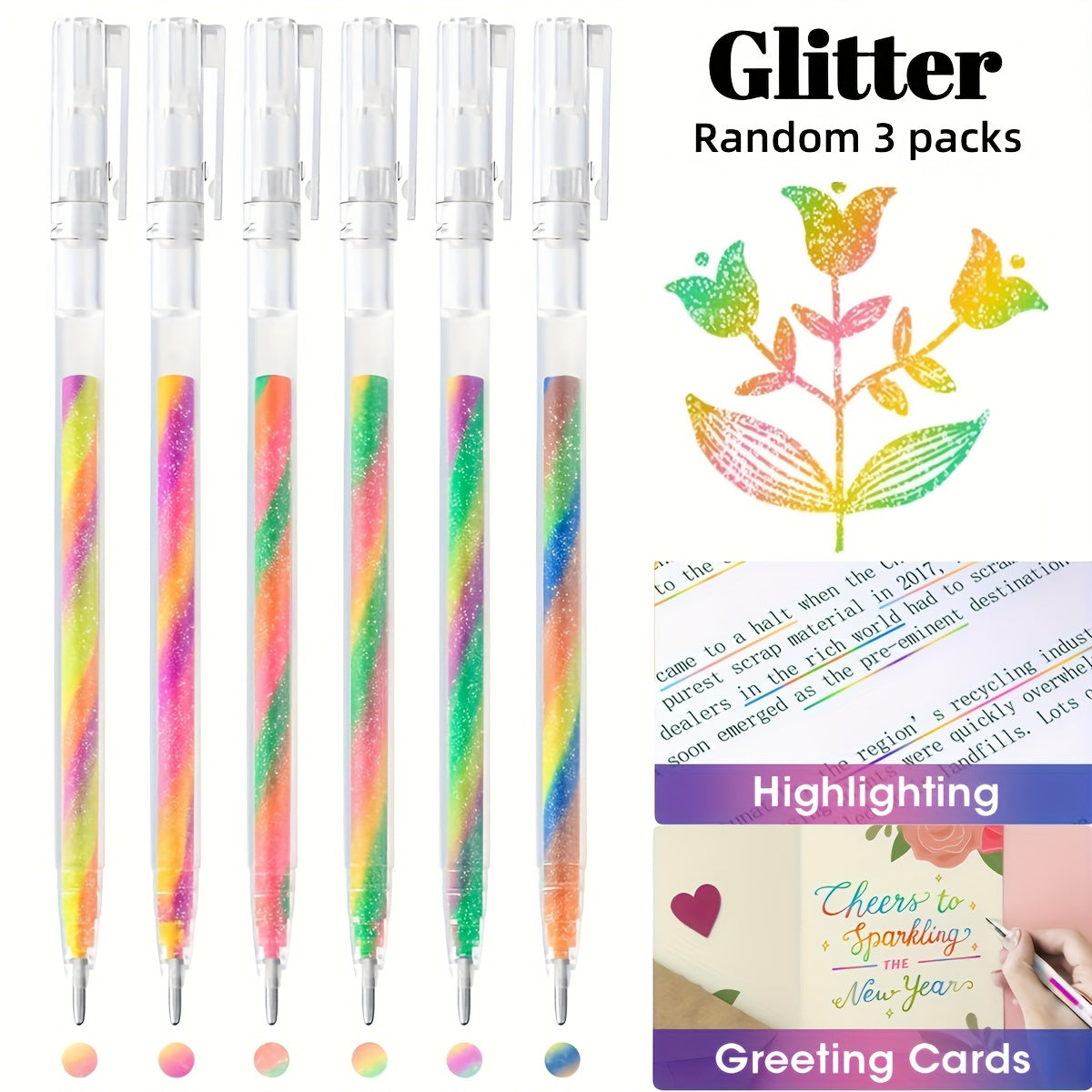 TEMU Set Of 3 Assorted Colorful Glitter Gel Pens Ideal For Greeting Cards, Scrapbooking, And Festive Crafts - Featuring A 1.2mm Fine Tip And
