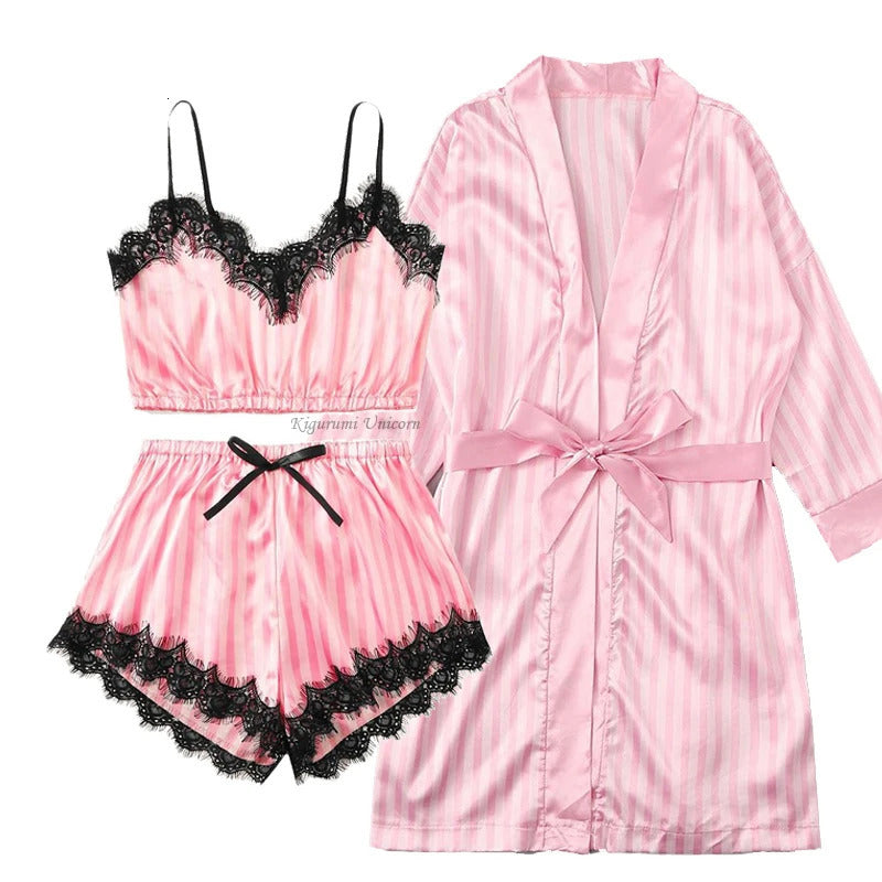 Silk Satin Lace Robe and Pajamas set Women Summer Faux Sleepwear Pink Stripe Pijamas Bathrobe NightGown Homewear Set 241104