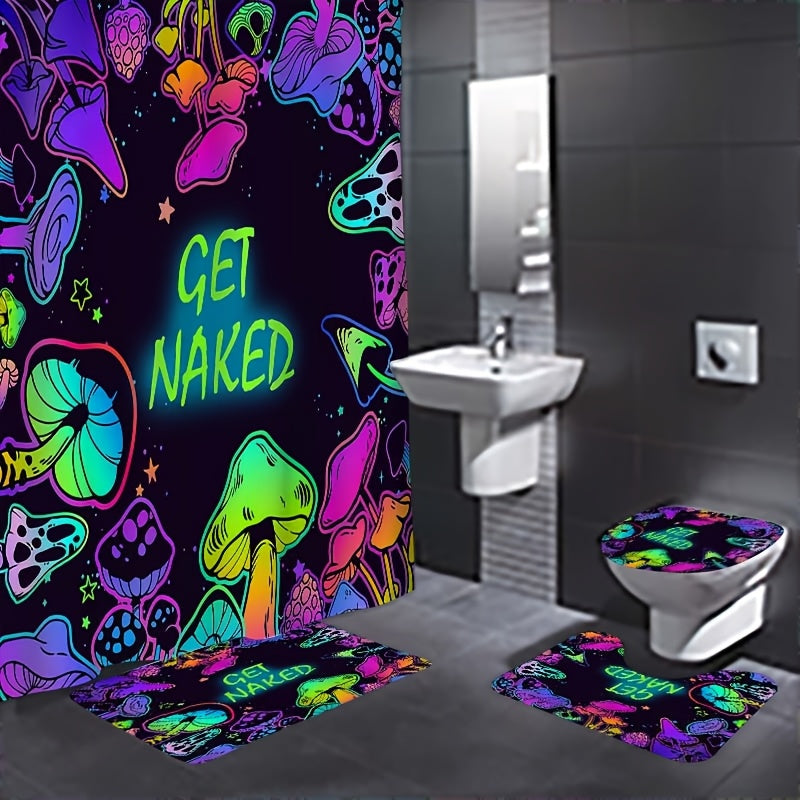 TEMU 1-4pcs Colorful Mushroom Pattern Shower Curtain Set, Including 180 * 180 Shower Curtain, Non Slip Floor Mat, Toilet Seat Cover, And U-shaped Pad