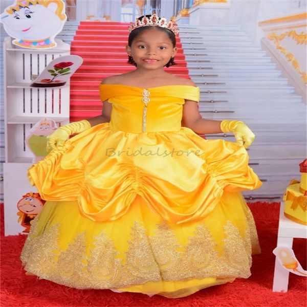 Princess Yellow Flower Girls Dresses 2025 Ruffles First Communion Tiered Skirts Girls Pageant Dress Appliques Lace Birthday vestidos para ni