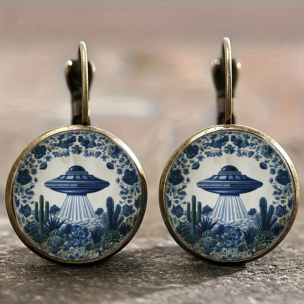 TEMU Pair Of Retro Ufo & Cactus Earrings - Vintage Porcelain Design, Antique Golden Plating Alloy, Lightweight Durable Jewelry For Casual Attire,
