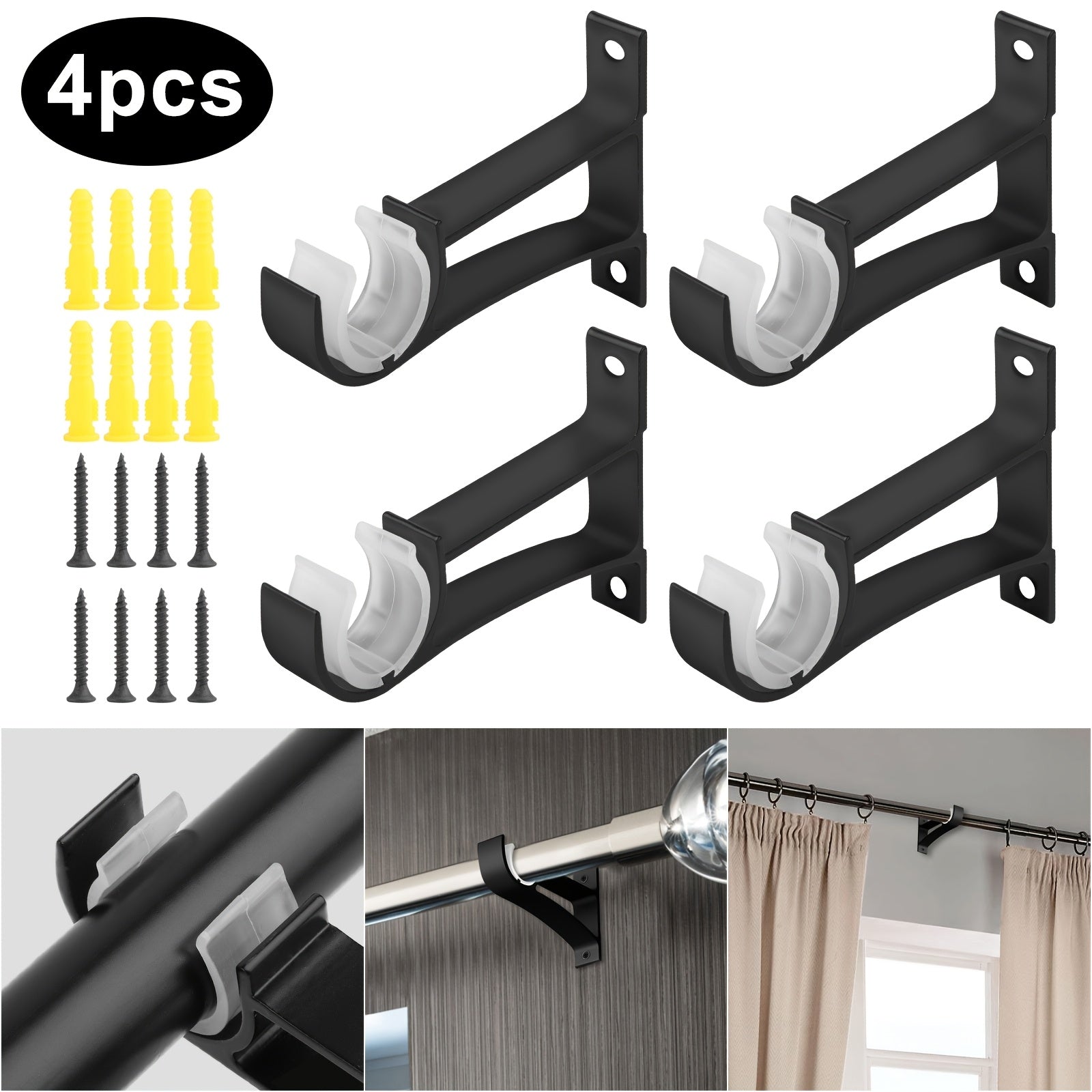 TEMU 4pcs Curtain Rod Bracket Set, Aluminum Alloy Curtain Rod Holder, Curtain Rod Fixing Hook With Screws And Expansion Screws