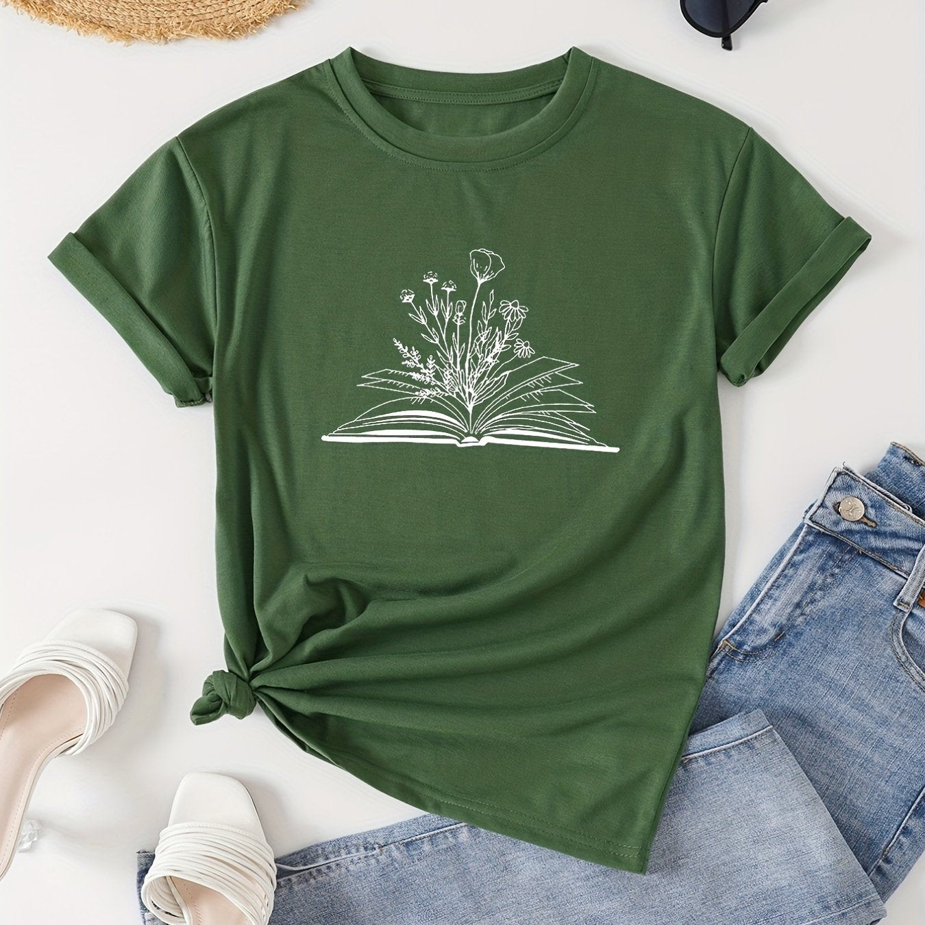 TEMU Book & Floral Print Crew Neck T-shirt, Casual Short Sleeve T-shirt For , Women's Clothing