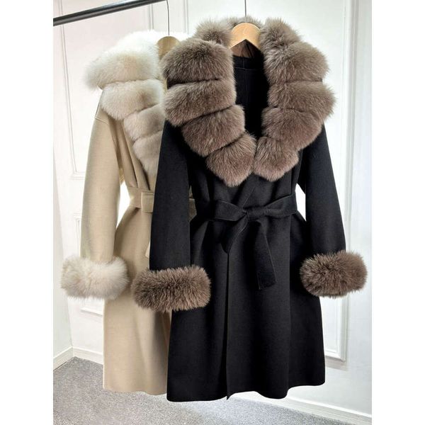 Janveny 2024 New Fashion Autumn Winter Jacket Women Long Woolen Blend Cashmere Coat Belt Big Real Fox Fur Collar Warm Streetwear