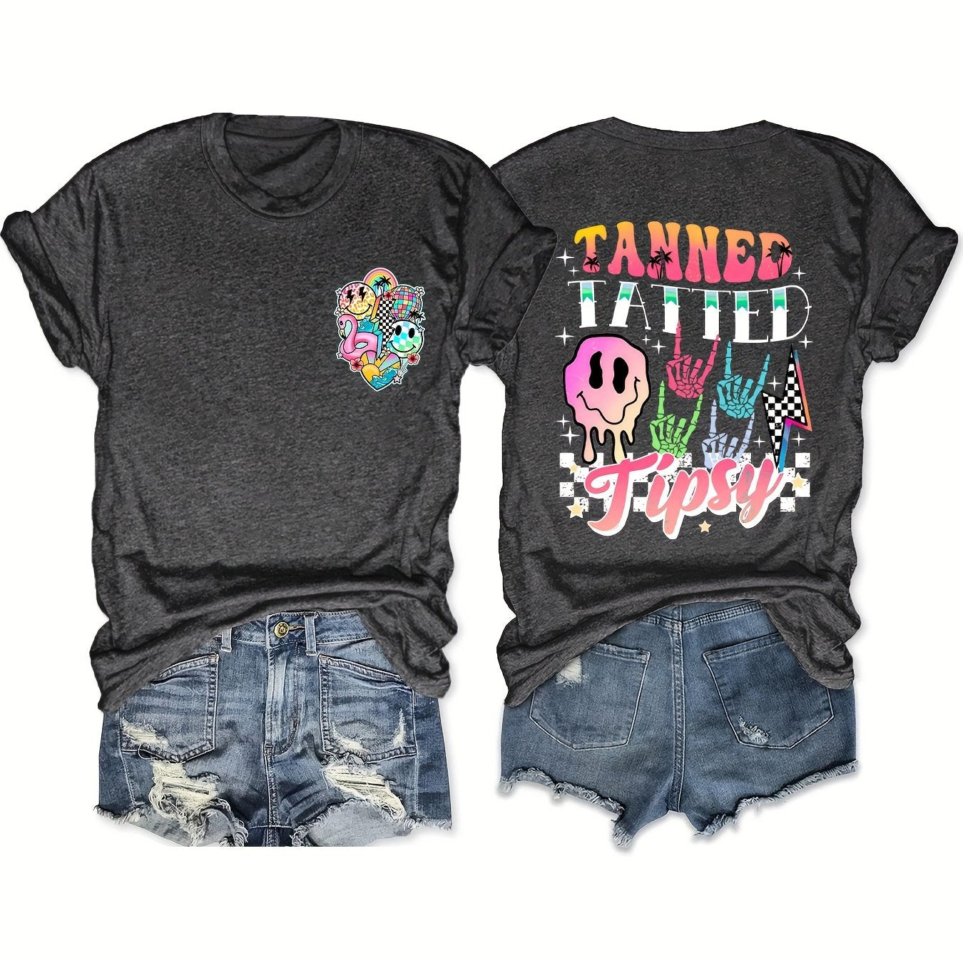 TEMU Women's Casual Short Sleeve T-shirt - Double-sided Tattoo & Graphic Print, Black With Colorful Lettering, Round Neck, Machine Washable, ,