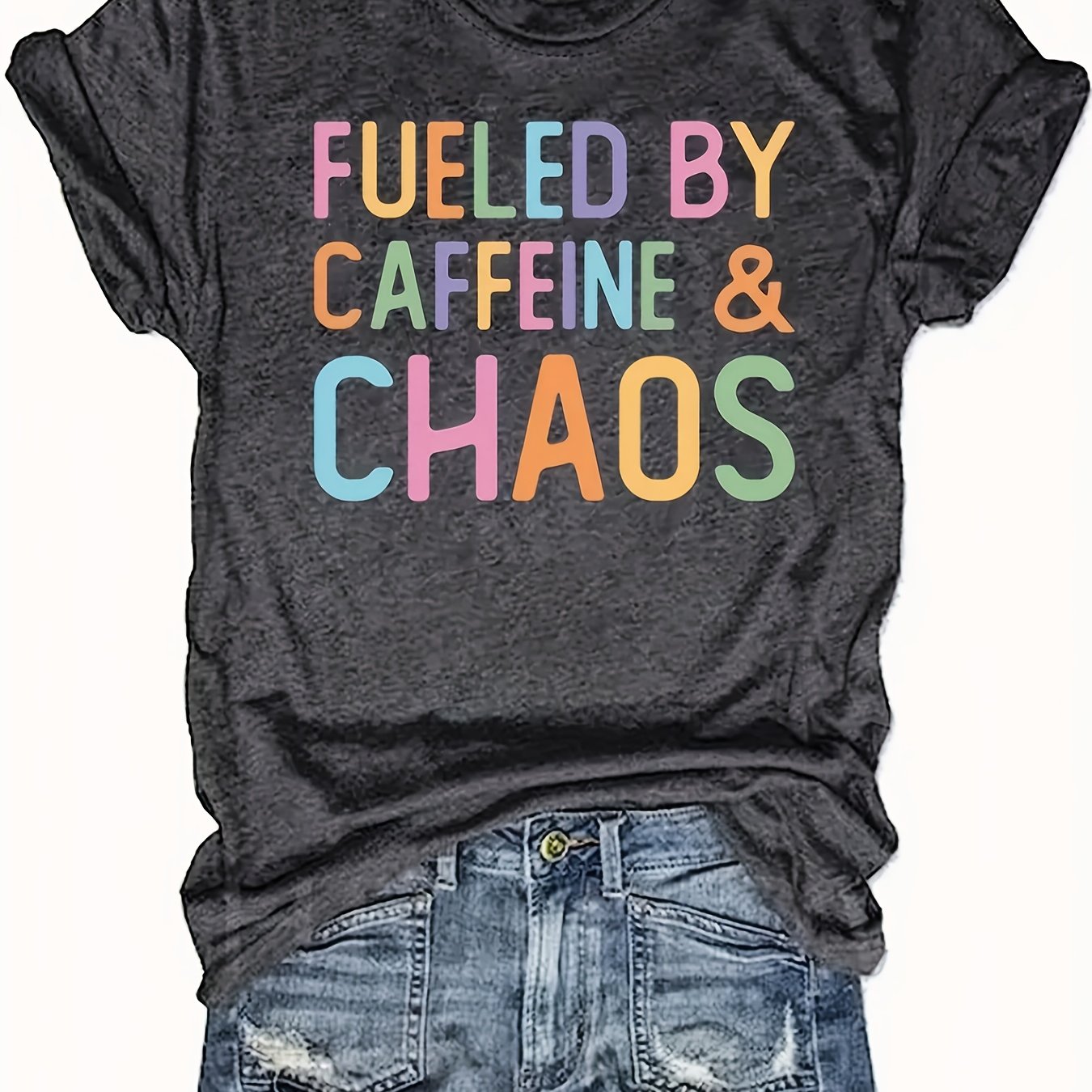 TEMU Women's Funny " & " Slogan T-shirt - Soft Round Neck Casual Tee With Multicolor Lettering, Navy Blue Everyday Fit, Machine Washable Wear For