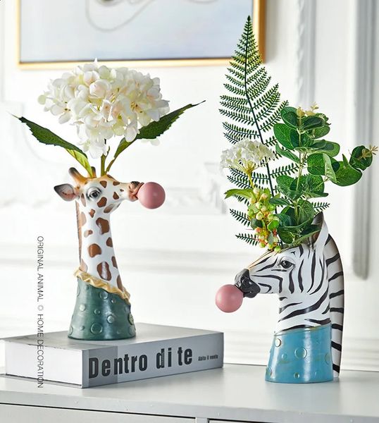 Resin juicy plant flower zebra plant vase basket cute animal head vase for home decoration 241204