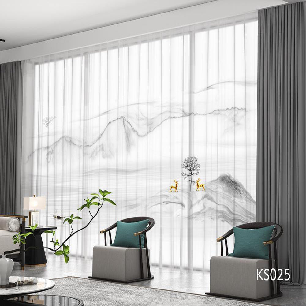 YL-36701 modern new Chinese style ink landscape painting scenery living room study high-end bedroom famous curtain Zen gauze curtain