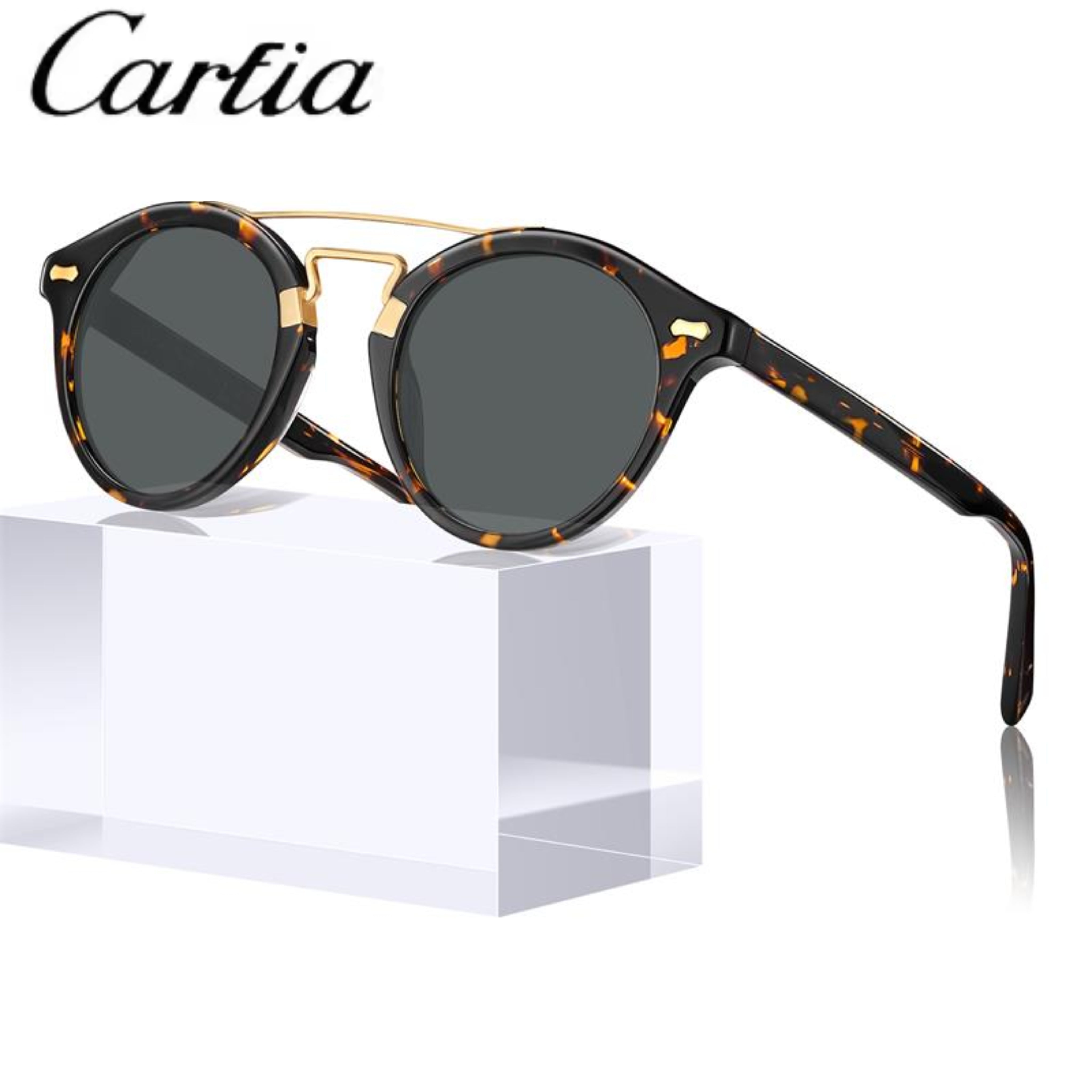 CARFIA Small Face Acetate Double Bridge Sunglasses for Women Polarized UV Protection, Retro Metal Brow Eyewears Round Sunnies