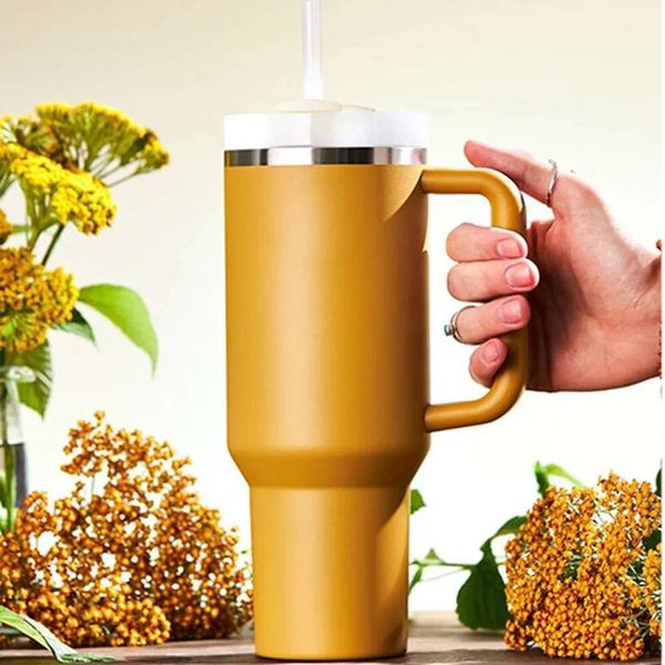 Tumbler With Handle Lid Straw 40Oz Stainless Steel Water Bottle Vacuum Thermos Cup Travel Car Thermal Coffee Mug Cap Sport