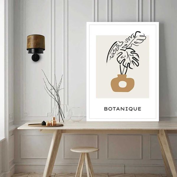 Leaf Minimalist Wall Art Poster Minimalist Living Vase Leaves Plant Wall Canvas Printing Home Decoration Y250114