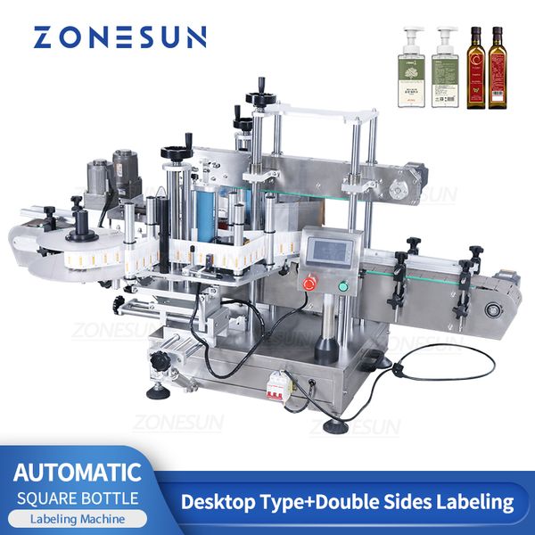 ZONESUN Benchtop Automatic Industrial Equipment Flat Surface Square Rectangular Bottle Labeling Machine Double Sides Label Sticker Applicato
