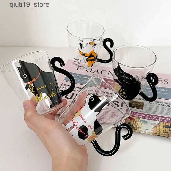 Mugs Creative Cat Glass Coffee Mug Cute Milk Tea Juice Water Glass Cup With Handle Home Kitchen Office Drinkware Tumbler Gift 250ML J241204