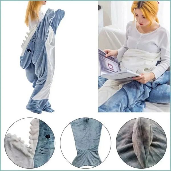 Cartoon shark lazy sleeping bag jumpsuit pajamas flannel animal home textile loose fit suitable for night lights Blanket 250210